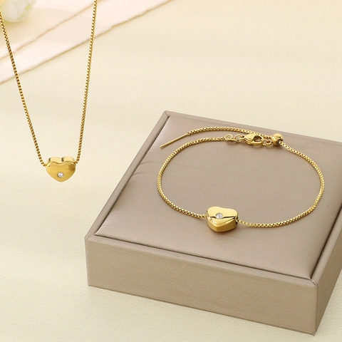 Collar Y Pulsera De Corazón Acero Inoxidable Chapado En Oro 18K Circonita Joyas Románticas Regalo Para Mujeres