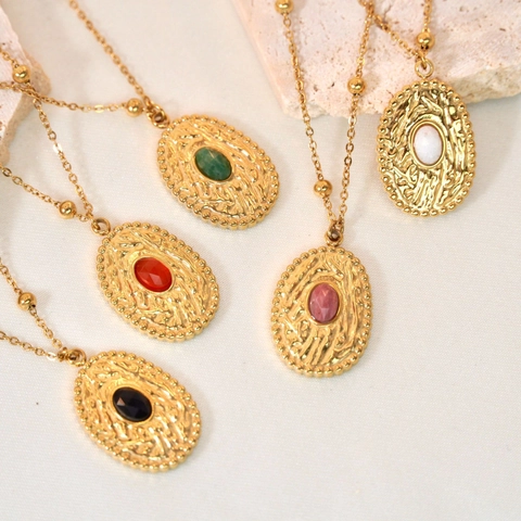 Collana Vintage in Acciaio Inossidabile Con Pendente in Pietra Naturale Stile Francese Texture Martellata Gioielli Donna