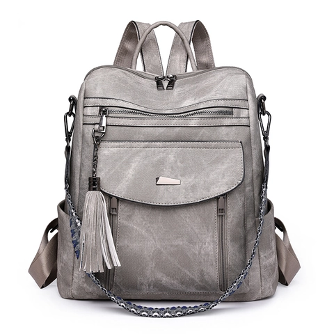 Women Vintage PU Leather Backpack Multipurpose Bag With Tassel Decorative Braided Strap Fashion Ethnic Travel Daypack