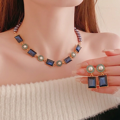 Vintage Necklace And Earrings Alloy Blue Rhinestone Rectangular Gem Artificial Pearl With 925 Sterling Silver Earring Post