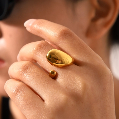 Irregular Fluid Open Ring 18K Verguld Roestvrij Staal Druppelvorm Spiegelglans Minimalistische Sieraden Voor Dames