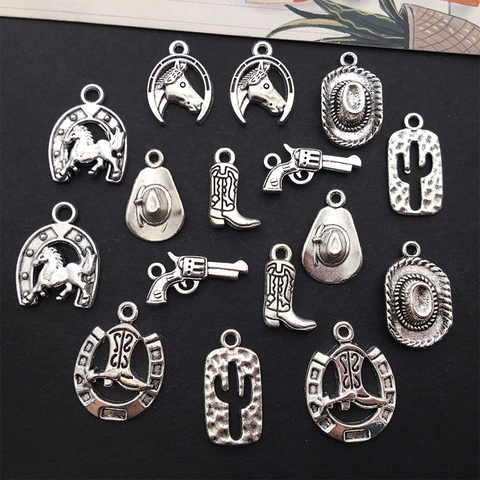 Antique Silver Zinc Alloy Western Cowboy Charms Pendants For DIY Jewelry Making Hat Cactus Boots Revolver Horse Horseshoe