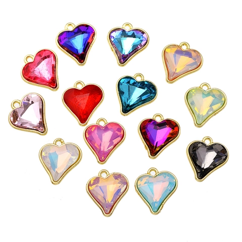 Ciondoli A Forma Di Cuore Lega Vetro Cristallo Sfaccettato Colorato Bordo Dorato Per Creazione Gioielli Fai Da Te