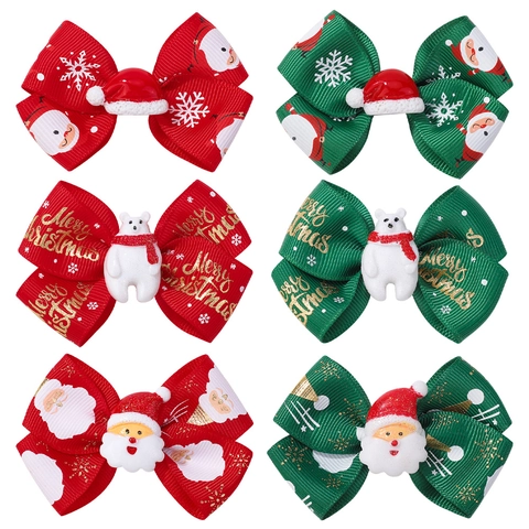 Barrettes De Noël Pour Enfants Noeuds En Ruban Gros Grain Avec Père Noël En Résine Pinces Crocodile Accessoires De Fête