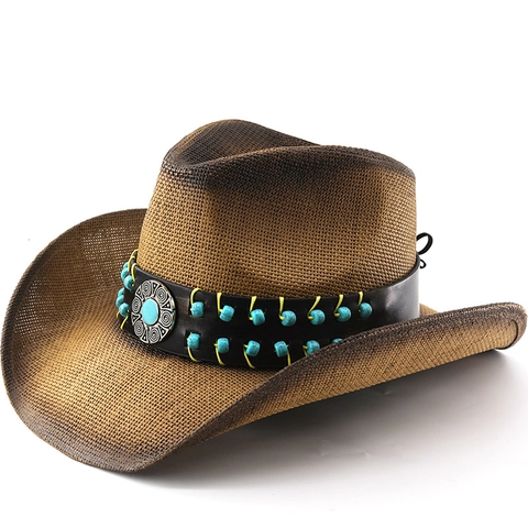 Chapeau De Cowboy Occidental Tresse De Paille Large Bord Protection Solaire Avec Perles Turquoise Bande Cuir Vintage Style
