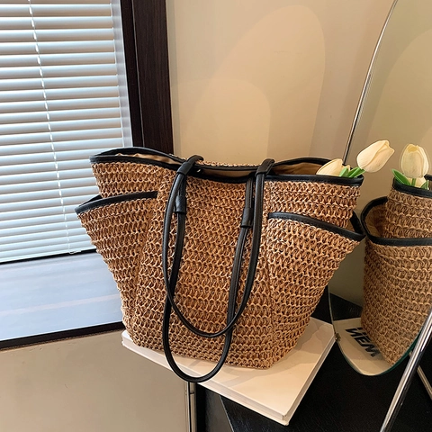 Grande Borsa Tote In Paglia Intrecciata Per Donna Con Finiture In Ecopelle E Cerniera Vacanze Estive Borsa A Spalla Casual