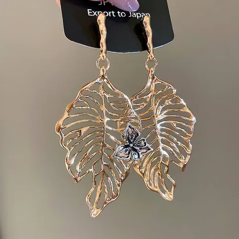 Hollow Leaf Drop Earrings With Butterfly Detail Alloy 925 Sterling Silver Earring Post Statement Jewelry For Women