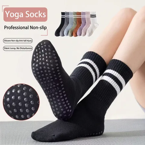 Anti-Slip Yoga Socks For Women Mid-Calf Pilates Fitness Exercise Socks With Silicone Grips Double Stripe Sporty Polyester