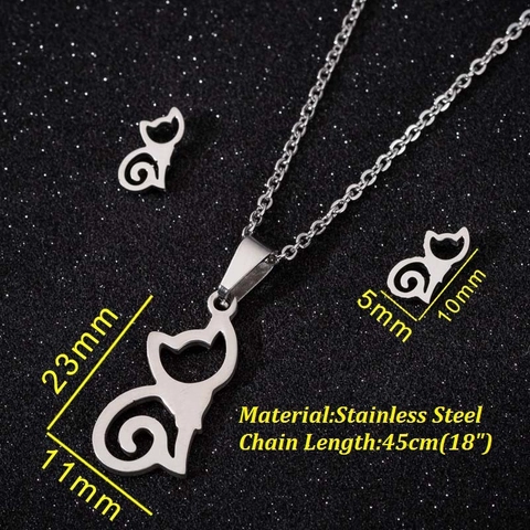 Set di Gioielli a Forma di Gatto in Acciaio Inossidabile Minimalista per Donna Collana con Pendente a Gatto Placcata Oro Argento e Orecchini