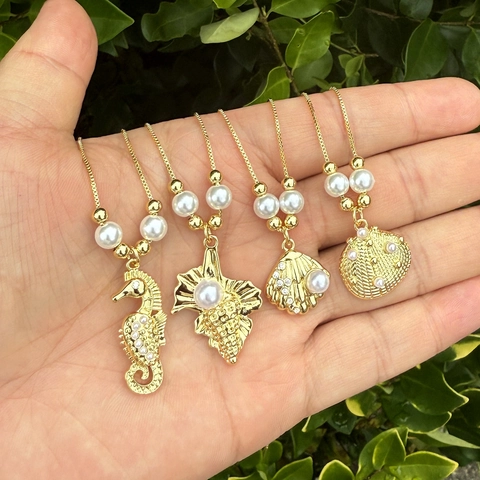 Copper Gold Pendant Necklace With Artificial Pearl And Cubic Zirconia Marine Life Seahorse Shell Beach Jewelry For Women
