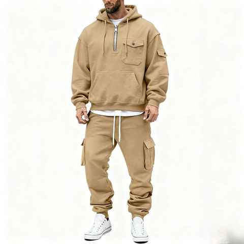 Men's Fleece Lined Tracksuit Casual Half Zip Hooded Sweatshirt And Cargo Pants Set Winter Warm Activewear