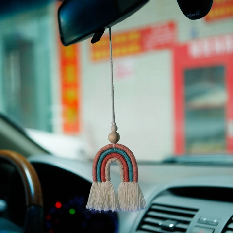 Hand Woven Rainbow Hanging Ornament Macrame Cotton Rope Wooden Beads Car Rearview Mirror Aromatherapy Diffuser Bohemian Style