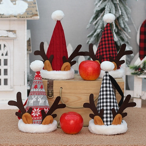 Christmas Reindeer Gift Bag Knitted Plaid Fabric Zipper Pouch For Apple Candy Holiday Party Decoration With Antlers
