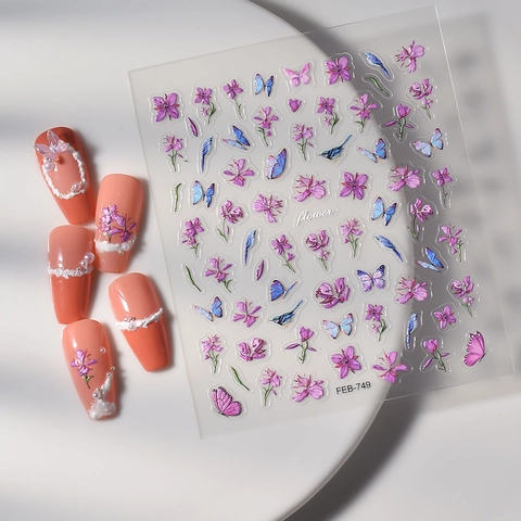 Embossed Relief Nail Art Stickers Purple Flower Butterfly Bird Pattern Waterproof DIY Manicure Decals