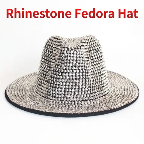 Full Rhinestone Fedora Hat Sparkling Wide Brim Jazz Hat For Women Stage Party Carnival Wear