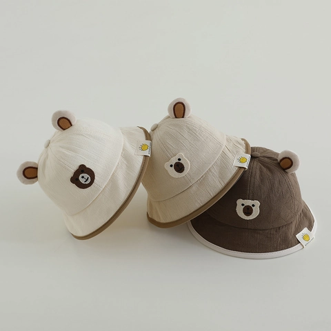 Cappello Alla Pescatora Per Neonati Misto Cotone Orecchie Da Orso Antivento Protezione Solare Cartone Animato Bambino