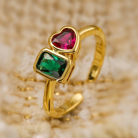 Toi Et Moi Ring Gold Vergoldetes Kupfer Herz Rechteck Zirkon Bunt Offen Verstellbar Mode Minimalistisch Für Damen