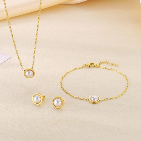 316L Roestvrijstalen Ketting Armband En Oorbellen Met Schelpparel Elegante Eenvoudige Modestijl Voor Vrouwen