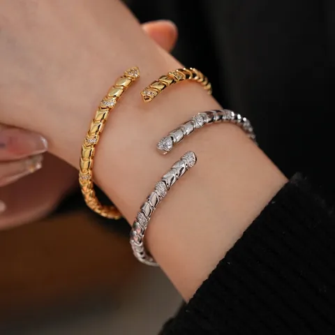 Schlangen Schuppen Offener Armreif 18K Vergoldetes Kupfer Mit Zirkonia Inlay Mode Luxus Schmuck Für Frauen Elegant