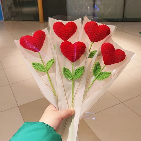 Flor De Corazón De Ganchillo Hecha A Mano Ramo Tejido De Hilo De Lana Decoración Hogar Rojo Regalo