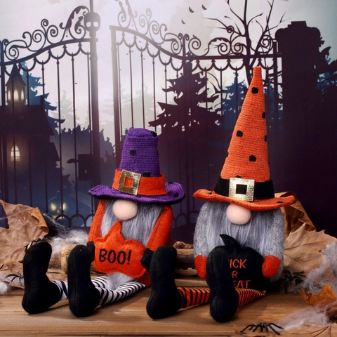 Décorations d'Halloween Nain en Peluche à Longues Jambes Poupée Sans Visage Avec Chapeau de Sorcière Citrouille Ornement de Table