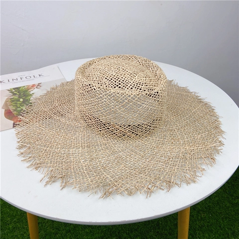 Women Wide Brim Straw Hat Flat Top Fringed Edge Breathable Summer Beach Sun Protection Woven Khaki