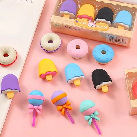 Ensemble de Gommes à Effacer Créatives Simulation de Dessert Formes Mignonnes de Glace Beignet Sucette Fournitures Scolaires pour Enfants Cadeau