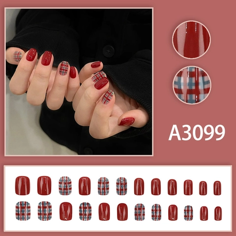 Unghie Finte A Pressione Rosse Lucide Design A Quadri Corte Arrotondate Stile Britannico Per Donne Uso Quotidiano