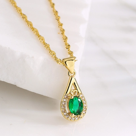 18K Gold Plated Copper Pendant Necklace With Green Zircon Teardrop Geometric Waterdrop Shape Jewelry For Women
