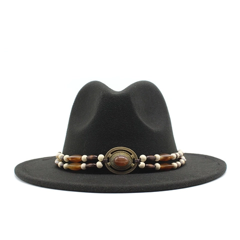 Sombrero Fedora Mujer Ala Ancha Estilo Británico Retro Fieltro Algodón Poliéster Con Banda De Cuentas Doble Capa Hebilla Vintage