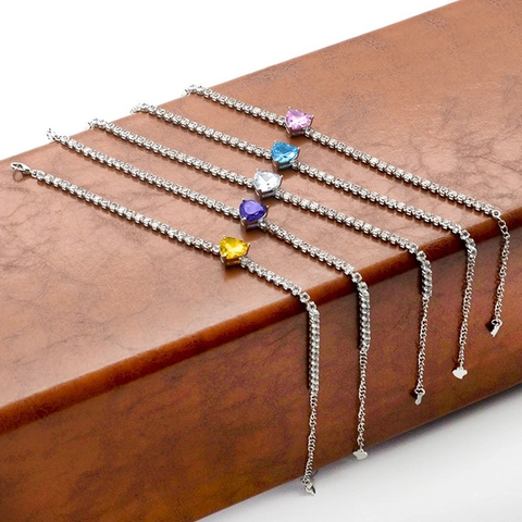 Heart Rhinestone Tennis Bracelet Copper Zircon Colorful Crystal Elegant Adjustable Luxury Fashion Jewelry Gift For Women Girls