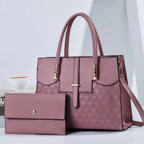 Women PU Leather Handbag And Matching Long Wallet Geometric Triangle Embossed Gold Hardware Lock Top Handle Shoulder Bag