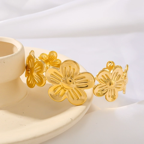 Blumen Armreif 18K Vergoldet Edelstahl Offene Manschette Armband Vintage Floraler Schmuck Für Damen