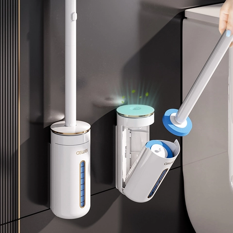 Scopino Per WC Usa E Getta Supporto A Parete Con Testine Di Ricambio In Spugna Liquido Detergente Integrato Manico Lungo Ruotabile