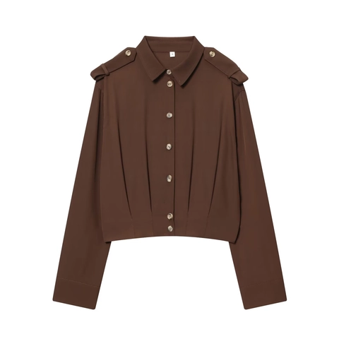 Camisa De Manga Larga Para Mujer Poliéster Color Sólido Botones Cuello Solapa Blusa Con Charreteras Tops Moda
