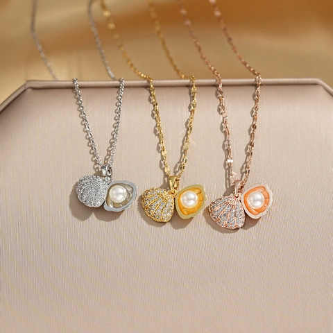 Openable Shell Artificial Pearl Necklace Titanium Steel Inlaid Zircon Elegant Ocean Style Pendant Jewelry For Women