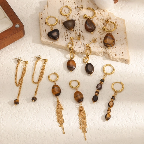 Stainless Steel Earrings With Tiger Eye Stone Heart Waterdrop Tassel Dangle Vintage Maillard Style Gold Plated Women Jewelry