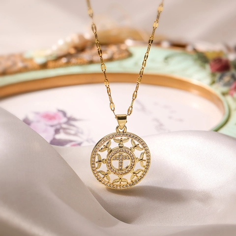Collana Pendente Croce Sacro Cuore Rame Placcato Oro Zircone Geometrico Ala Angelo Gioielli Moda Semplice Donna