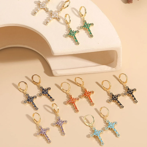 Kreuz Tropfen Creolen 14K Gold Vergoldetes Kupfer Bunter Zirkon Eingelegt Mode Trendiger Schmuck Für Frauen