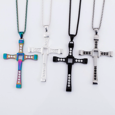 Collana con Pendente a Croce in Acciaio al Titanio da Uomo Hip Hop Streetwear Rotante Intarsiato Strass Gioielli Neri Argento