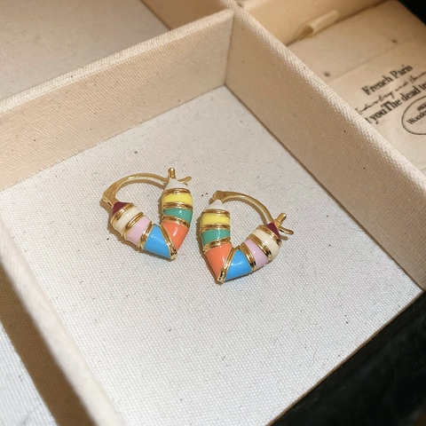 Herz Huggie Hoop Ohrringe Bunte Regenbogen Emaille Legierung Mit 925 Sterling Silber Ohrstecker Süße Damen