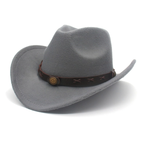 Western Cowboy Hat Vintage Woolen Felt Wide Brim Fedora Jazz Hat With Leather Band Metal Concho For Outdoor Travel Ethnic Style