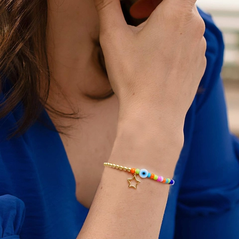 Bohemian Perlenarmband Mit 18K Kupfer Vergoldeten Perlen Bunten Glas Lampwork Evil Eye Und Sternanhänger Für Damen
