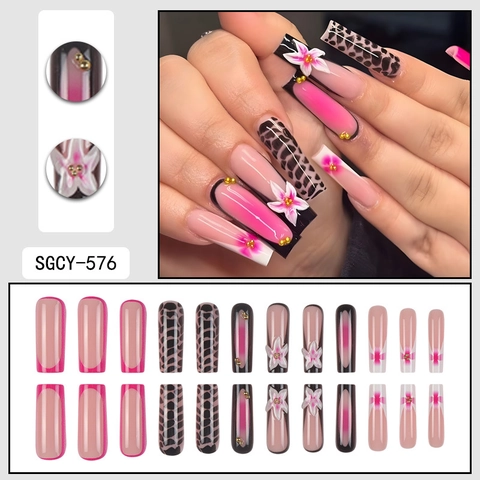 Lange Sarg Aufpressnägel 3D Weiße Blume Leopard Druck Rosa Verlauf Künstliche Fingernägel Für Frauen