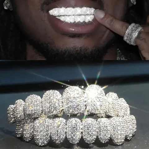 Hip Hop Grillz Κοσμήματα Στόματος Δοντιών Ορείχαλκος 14K Επιχρυσωμένο Ζιργκόν Iced Out Rapper Party Halloween Αξεσουάρ