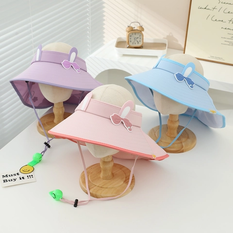 Kids Girls Summer Sun Hat Wide Brim Breathable Polyester Rabbit Ears Bow UV Protection With Whistle Adjustable Wind Rope