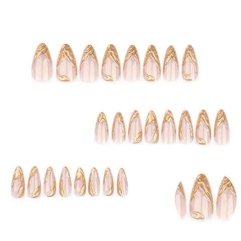 Press On Nägel 3D Gold Liquid Metal Flamme Textur Mandelform Nude Pink Französisch Luxus Glänzend Harz Künstliche Nägel