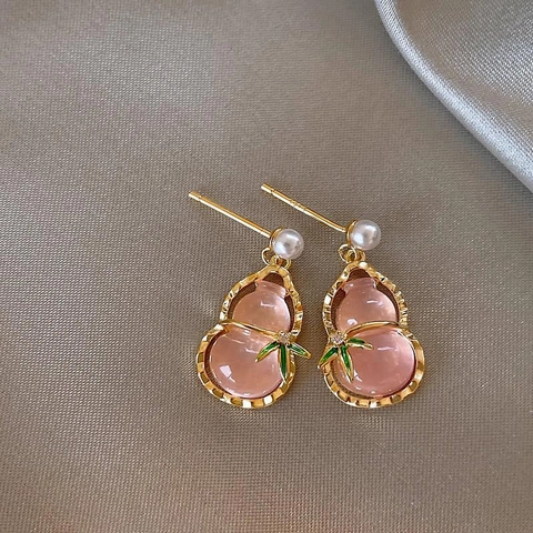 Pendientes Colgantes De Calabaza Rosa Con Perla Artificial De Imitación Y Poste De Plata Joyería Estilo Chino Hoja De Bambú Para Mujeres