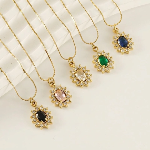 Sunflower Pendant Necklace Stainless Steel 18K Gold Plated Elegant Oval Zircon Sunburst Charm Jewelry For Women