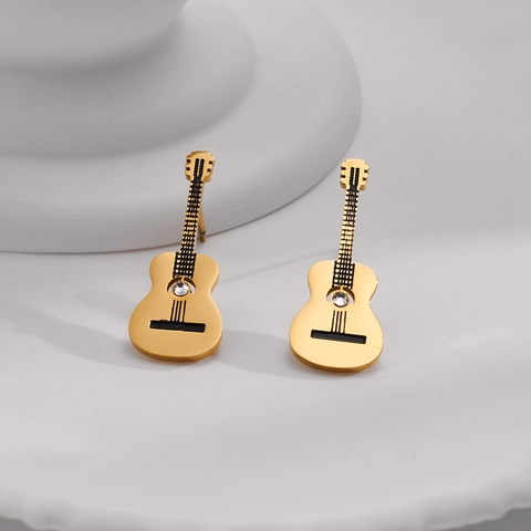 Pendientes de Botón de Acero Inoxidable con Forma de Guitarra para Mujer Bañados en Oro Diamantes de Imitación Joyas